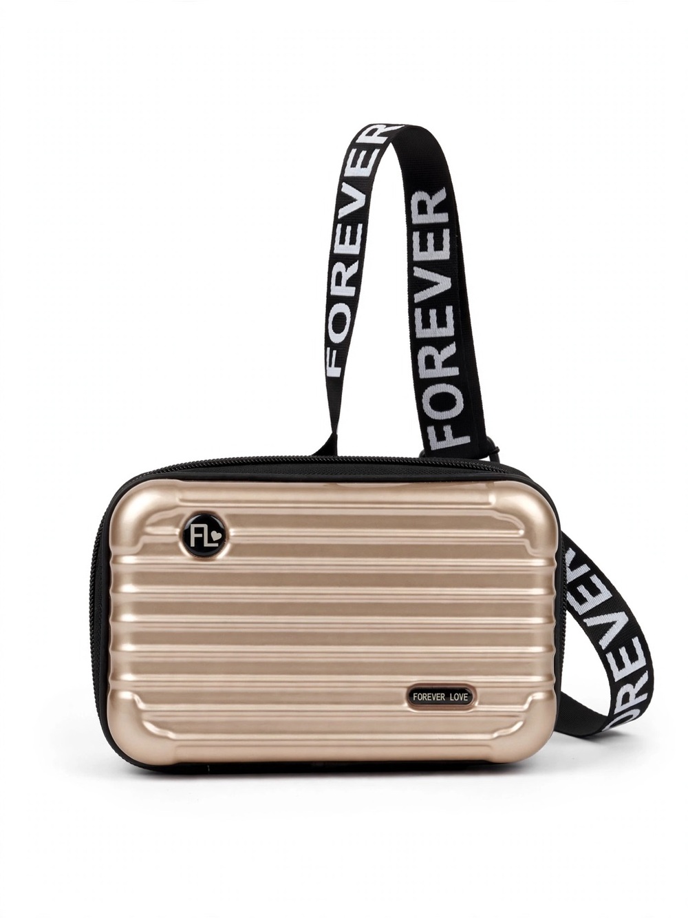 Champagne Gold Hard shell bag with printed strap in black and white